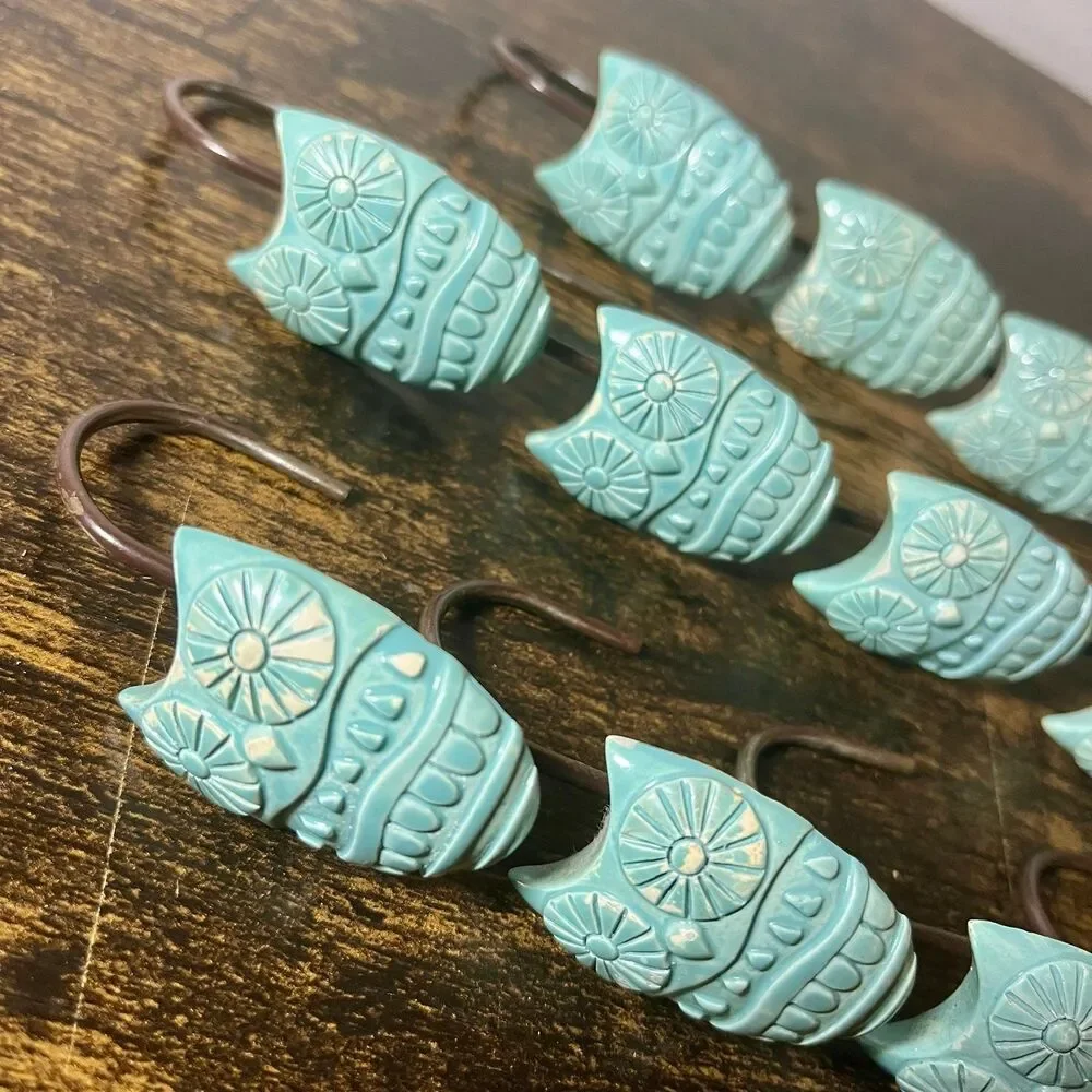 Vintage Owl Shower Curtain Hooks Set of 12 Turquoise Aqua Blue Bathroom Decor